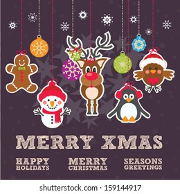 Cute Christmas Characters Gingerbread Man, Snowman, Reindeer, Penguin and Robin on a dark purple textured background with Merry Christmas text and bauble christmas Tree Decorations