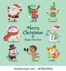 Cute Christmas characters hand drawn flat cartoon collection
