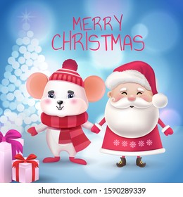 Cute christmas characters. Happy new year 2020 invitation card. Winter holidays. Vector Illustration EPS10.