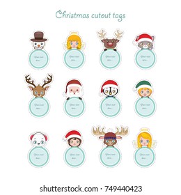 Cute Christmas characters holding circular present tags