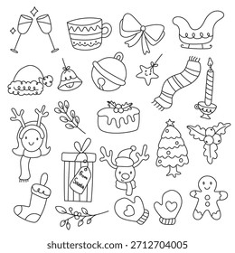 Nette Weihnachtsfiguren und Symbolsatz. Diese handgezeichnete Vektordoodle-Kollektion zeigt bezaubernde Elemente wie ein Rentiermädchen, ein lächelndes Rentier im Schal, einen festlichen Urlaubskuchen, große Glocken.