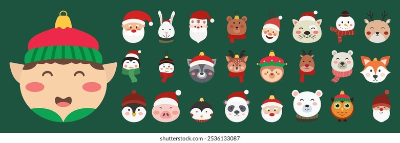 Cute Christmas Characters Including Santa, Animals, and Elves in Holiday Outfits Set Illustration
