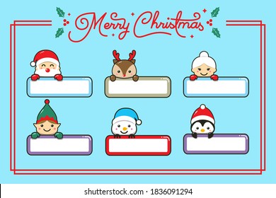 Cute cute christmas characters with label name cartoon hand drawn style