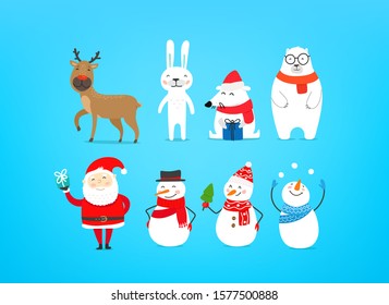 Cute Christmas characters on blue background. Santa claus, reindeer, snowmen and white bear