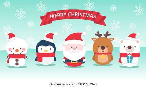 Cute Christmas characters on snowy scene background. Santa Claus, reindeer, snowman, baby penguin, and polar bear. 