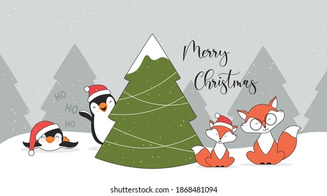 Cute Christmas characters penguins foxes and Christmas tree