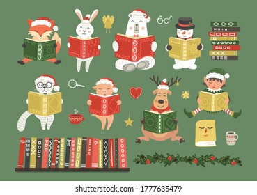 Cute Christmas characters reading books. Set for cute fantasy. Hand-drawn elf, snowman and animals: cat, hare, fox, rabbit, pig, bear and deer. Children holiday's education illustration