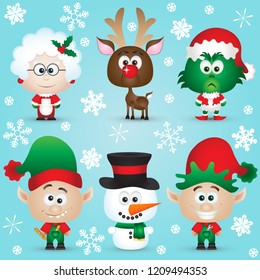 Cute Christmas Characters Santa Claus, reindeer, elves, Mrs. Claus, Snowman, gifts Vector illustration Set