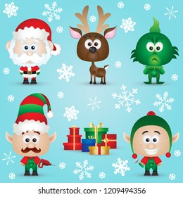 Cute Christmas Characters Santa Claus, reindeer, elves, Mrs. Claus, Snowman, gifts Vector illustration Set