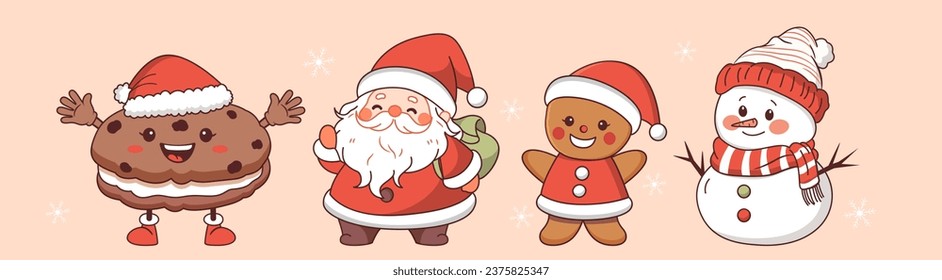 Cute christmas characters. Santa Claus, snowman, gingerbread man and cookie set. Vector illustration.