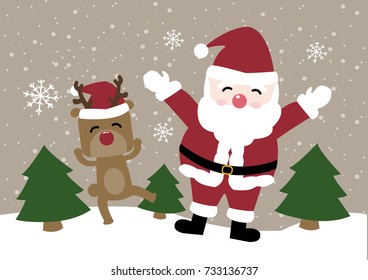 Cute Christmas characters :Santa Claus and  Reindeer under the snowy sky, vector illustration