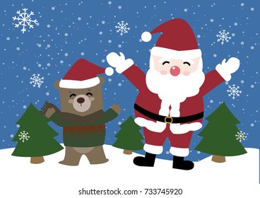 Cute Christmas characters: Santa Claus and a bear under the snowy sky, vector illustration