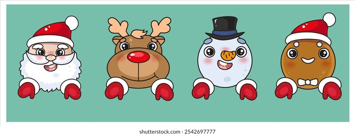 Cute Christmas characters Santa, reindeer, snowman, ginger man. Stickers 