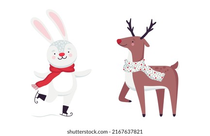 Cute Christmas characters set. Adorable funny bunny and reindeer cartoon vector illustration