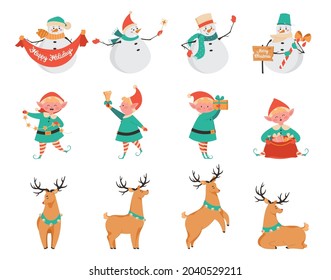 Cute christmas characters set. celebrating a holiday set. Snowman, Christmas elf and Santa Claus raindeer. Traditional xmas celebration characters. Flat illustration