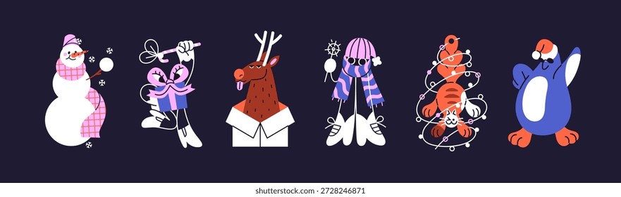 Nette Weihnachtsfiguren. Verschiedene glückliche Tiere, Zaubergeschenk, Schneemann, Katze mit Girlande und tanzenden Pinguin haben Spaß. Weihnachts- oder Neujahrsfeier. Flache, einzelne Vektorgrafiken