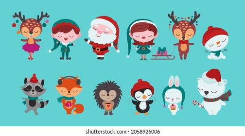 Cute Christmas characters set. Santa Claus with elves. Woodland animals wearing scarfs and hats. Reindeers with sleigh and gifts. Polar bear, penguin, snowman. Baby children kids vector illustration. 