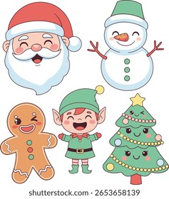 Cute Christmas Characters Set – Santa, Snowman, Elf, Gingerbread, and Christmas Tree Vector Icons