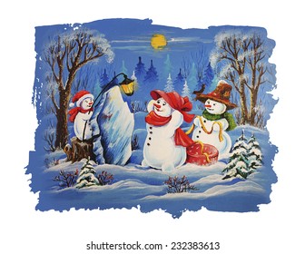Cute Christmas Characters. Snowman Family Christmas Card. Father snowman, mother snowman and snowman child celebrating Christmas and sharing gifts.