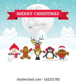 Cute Christmas Characters Snowman, Gingerbread Man, Robin Red Breast, Penguin and Reindeer. Merry Christmas red ribbon text on a snow scene background with snowflakes, full moon and santa's sleigh