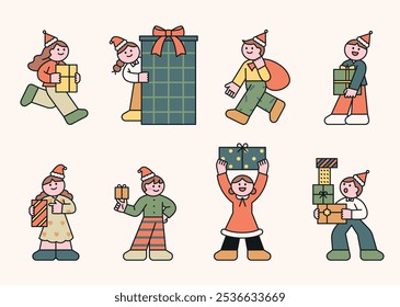 Cute Christmas characters. They are holding gift boxes. outline simple vector illustration.