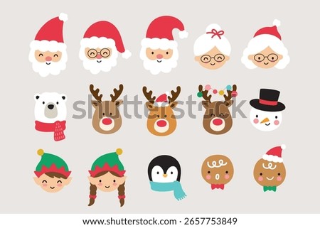 Cute Christmas characters vector illustration featuring Santa Claus, Mrs. Claus, reindeer, snowmen, elves, penguins, polar bears, and gingerbread men.