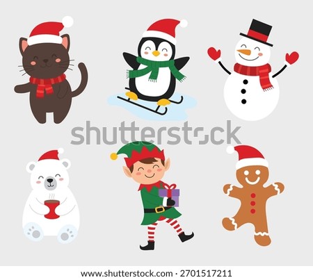 Cute Christmas Characters Vector Illustration with Santa Hat and Festive Elements


