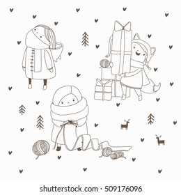 Cute Christmas cheracters. Outline illustration. Coloring book.