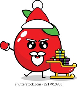 cute christmas cherry fruit mascot vector with saint clouse gift train