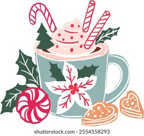 Cute Christmas chocolate mug with sugar cane and cookies and plants 