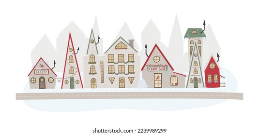 Cute Christmas city, town with bakery, candy shop. Vector illustration, banner for winter card, invitation, mail.