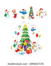 Cute Christmas clip art with snowman gifts Christmas tree gifts balloons candles bells birds socks 