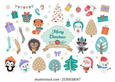 Cute Christmas clipart collection - cartoon animals and winter holiday symbols. Flat design elements vector illustration. Whimsical characters - penguin, polar bear, hedgehog, raccoon, fox, snowman.