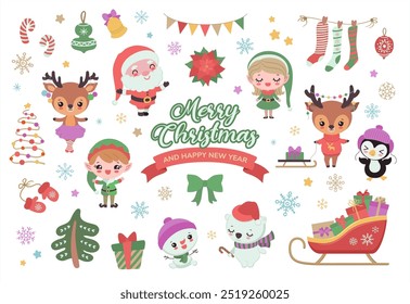 Cute Christmas clipart. Flat design Xmas vector cartoon graphics. Winter characters Santa clause, reindeers, elves, snowman. Polar bear and penguin. Christmas tree, sleigh, gift boxes, stockings.