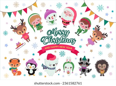 Cute Christmas clipart kawaii icon set. Xmas festive collection cartoon children vector illustration. Kawaii santa claus, christmas elves. reindeer, polar bear, penguin. Winter woodland animals.