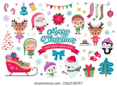 Cute Christmas clipart kawaii icon set. Xmas festive collection cartoon children vector illustration. Kawaii santa claus, christmas elves. reindeer, polar bear, penguin. Winter woodland animals.