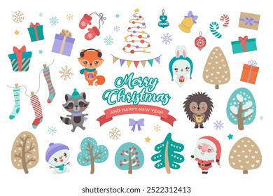 Cute Christmas clipart with woodland animals. Flat design Xmas vector cartoon graphics. Winter characters - cute fox, raccoon, hedgehog, rabbit, cartoon santa and snowman. Christmas forest trees.