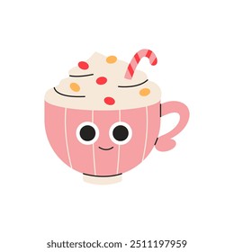 Cute christmas coffee mug. Funny childish winter warming drinks. Christmas cup with faces in flat design. Flat vector illustration isolated on white background.