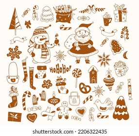 Cute Christmas collection doodle. Santa Claus with gift, snowman, gingerbread house, christmas boot, toys, lollipop and candies, mittens and socks, new year decor. Isolated vector hand drawings.