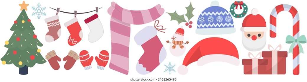 Cute christmas collection flat icons isolated on white background.