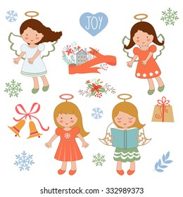 Cute Christmas collection with happy angels and Christmas elements. Vector illustration