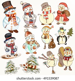 Cute Christmas collection of snowmen for festive design. Cartoon style