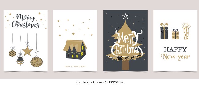 Cute christmas collection with tree,house,gift box.Vector illustration for poster,postcard,banner,cover