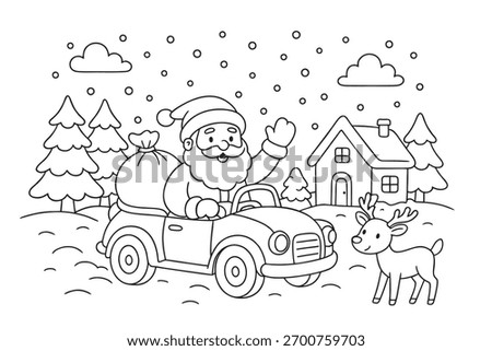 Cute Christmas coloring page featuring Santa driving a convertible car with gift bags, reindeer, snowy house, and pine trees. Simple outline vector illustration for kids.