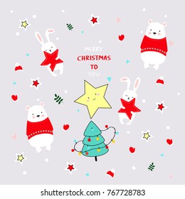 Cute Christmas Comic Animals. New Year background.