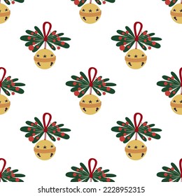 Cute Christmas composition with golden sleigh bells, holly, leaves and red berries. Winter festival seamless pattern. Christmastime mood.