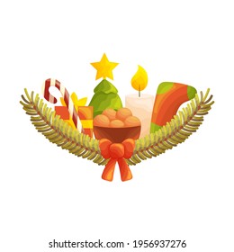 Cute Christmas composition with spruce branches, candies and treats, Christmas tree and candle and sock with a red bow. White background. Flat style illustration.