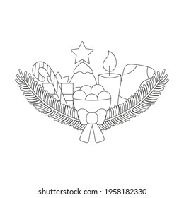 Cute Christmas composition with spruce branches, candies and treats, Christmas tree and candle and sock with a bow. Elements for coloring pages. White background. Flat style illustration.