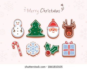 Cute Christmas Cookie Illustration. Decorated with icing, tree, Santa, Rudolph, gift box, candy cane, snowflake cookie.