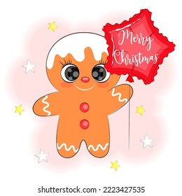 Cute Christmas cookie man with a balloon vector illustration